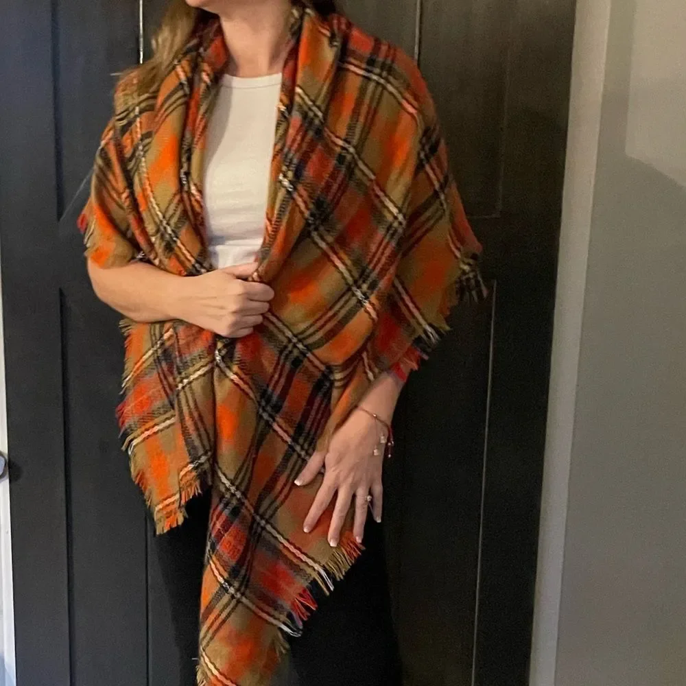 🔥3/$12 SALE Blanket Scarf 52x54 Orange Navy White Tan